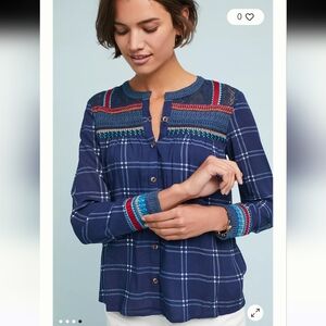 Anthropologie Akemi + Kin Embroidered Navy Plaid Women's Top